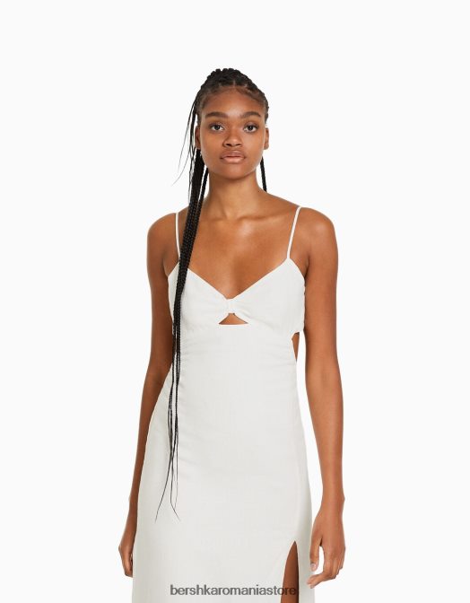 Bershka femei rochie midi din amestec de in cu bretele alb Z86D77 îmbrăcăminte