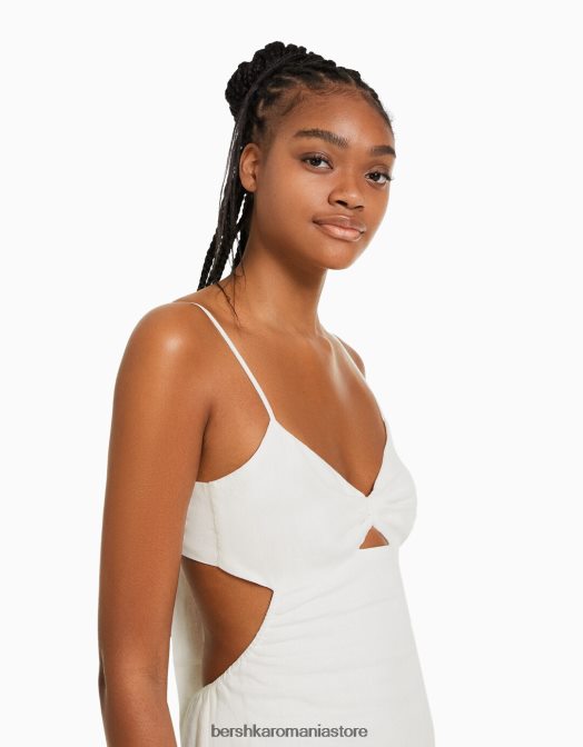 Bershka femei rochie midi din amestec de in cu bretele alb Z86D77 îmbrăcăminte