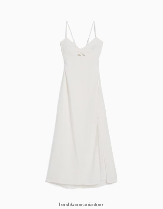 Bershka femei rochie midi din amestec de in cu bretele alb Z86D77 îmbrăcăminte