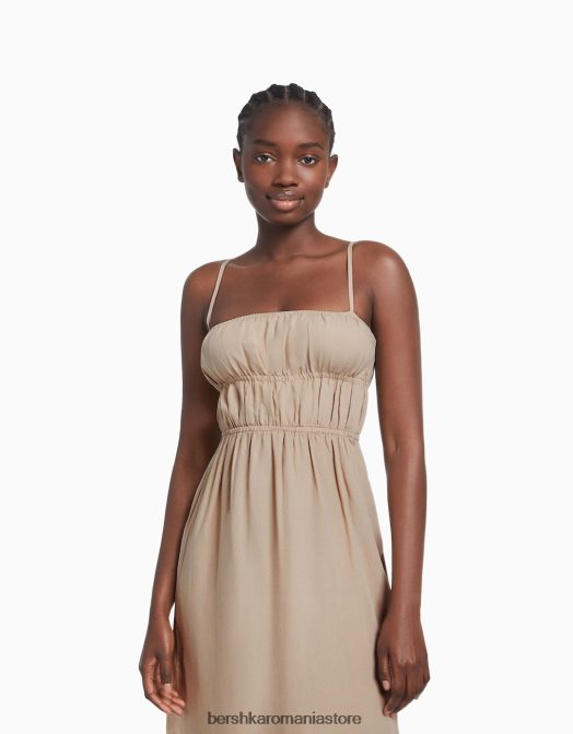 Bershka femei rochie midi din amestec de in cu bretele cămilă Z86D14 îmbrăcăminte