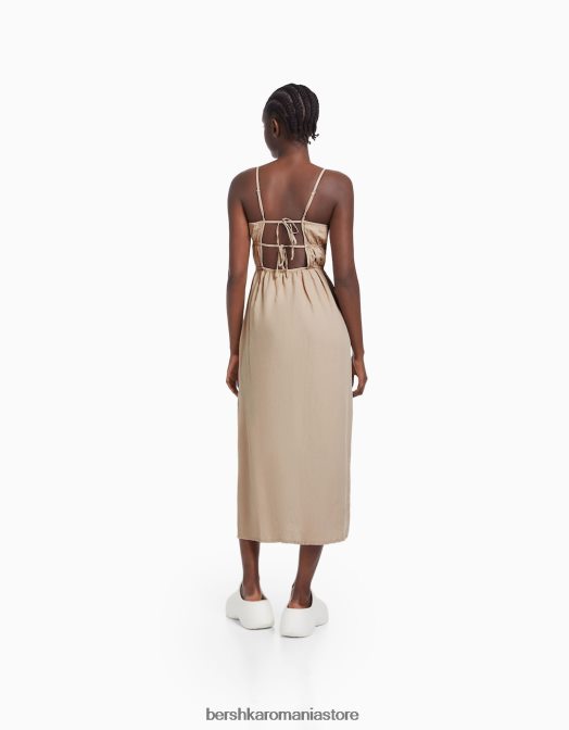 Bershka femei rochie midi din amestec de in cu bretele cămilă Z86D14 îmbrăcăminte