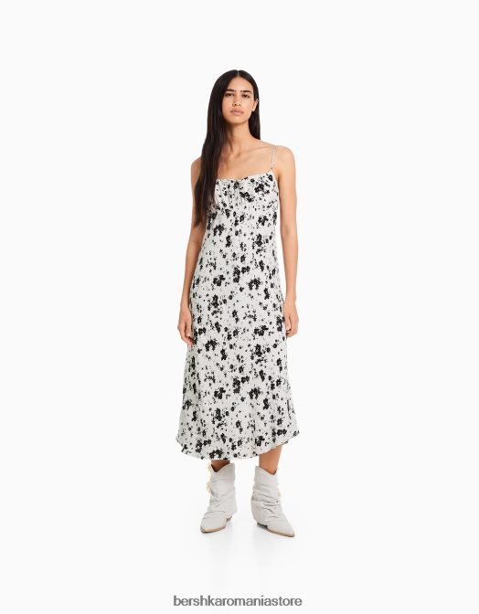 Bershka femei rochie midi din crepon cu bretele alb negru Z86D65 îmbrăcăminte