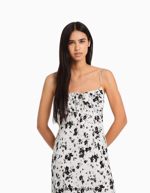 Bershka femei rochie midi din crepon cu bretele alb negru Z86D65 îmbrăcăminte