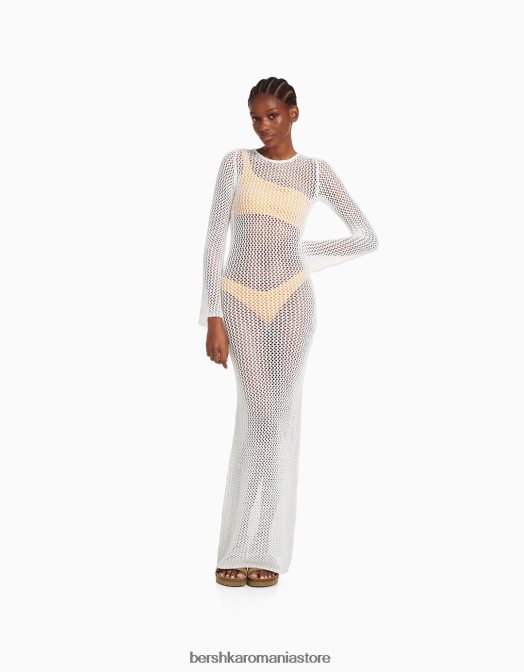 Bershka femei rochie midi din plasă cu mânecă lungă cremă Z86D999 îmbrăcăminte