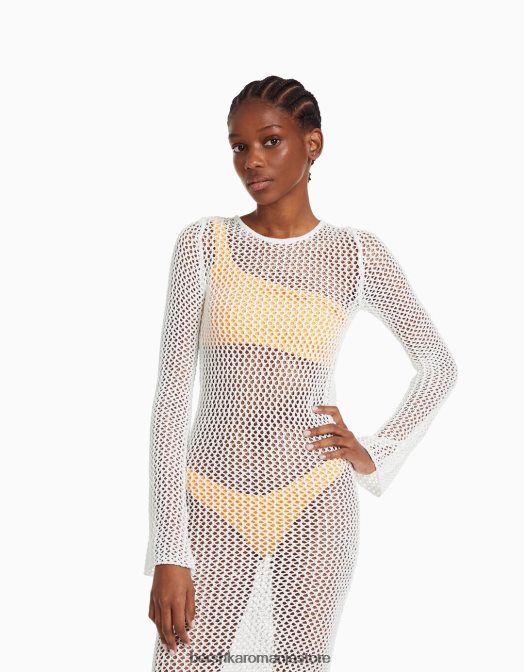 Bershka femei rochie midi din plasă cu mânecă lungă cremă Z86D999 îmbrăcăminte