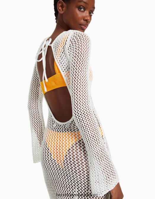 Bershka femei rochie midi din plasă cu mânecă lungă cremă Z86D999 îmbrăcăminte