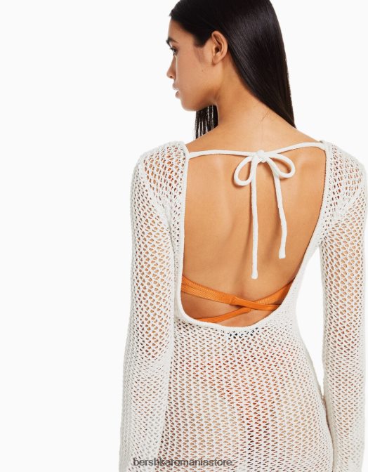 Bershka femei rochie midi din plasă cu mânecă lungă și spate deschis cremă Z86D189 îmbrăcăminte