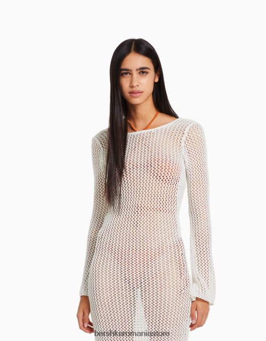 Bershka femei rochie midi din plasă cu mânecă lungă și spate deschis cremă Z86D998 îmbrăcăminte