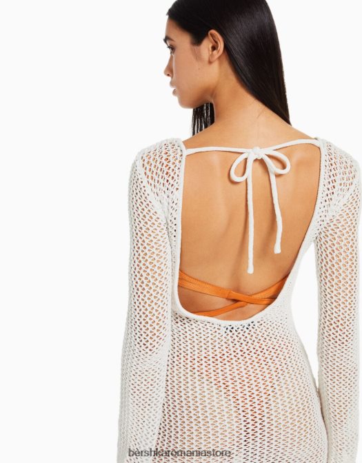 Bershka femei rochie midi din plasă cu mânecă lungă și spate deschis cremă Z86D998 îmbrăcăminte