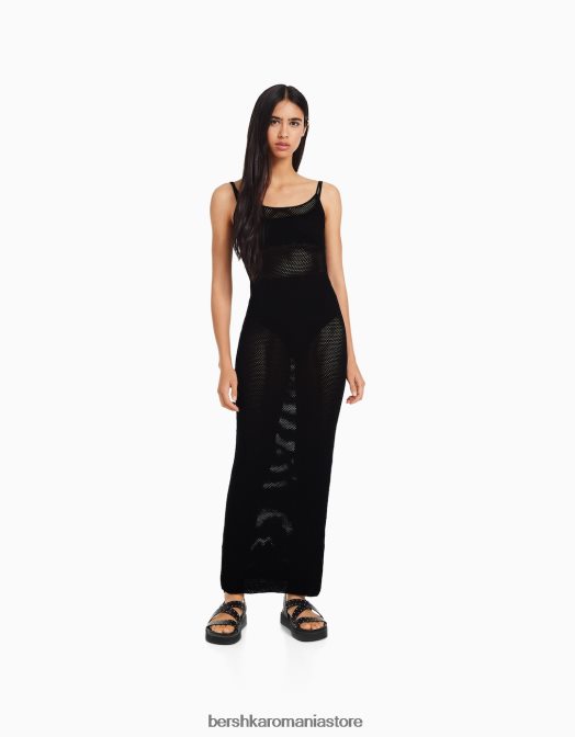 Bershka femei rochie midi din tricot cu bretele negru Z86D171 îmbrăcăminte