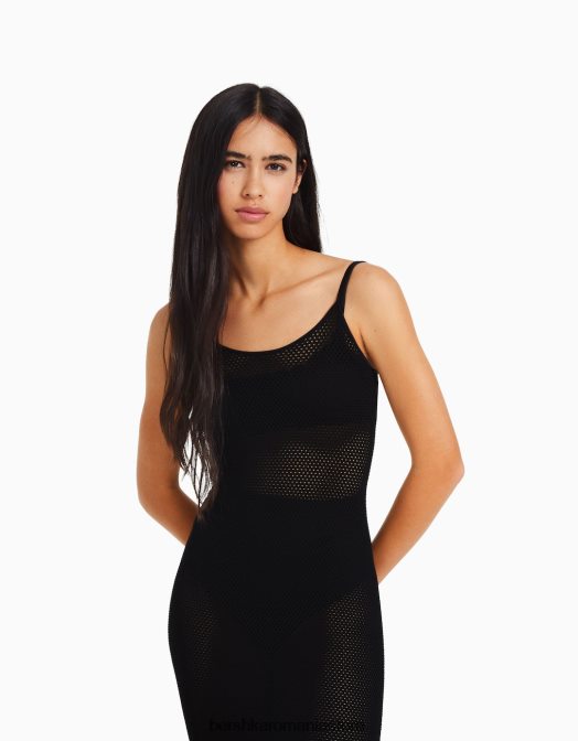 Bershka femei rochie midi din tricot cu bretele negru Z86D171 îmbrăcăminte