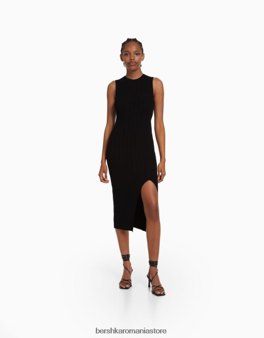Bershka femei rochie midi din tricot fără mâneci negru Z86D221 îmbrăcăminte