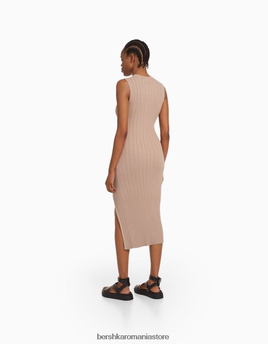 Bershka femei rochie midi din tricot fără mâneci nisip Z86D220 îmbrăcăminte