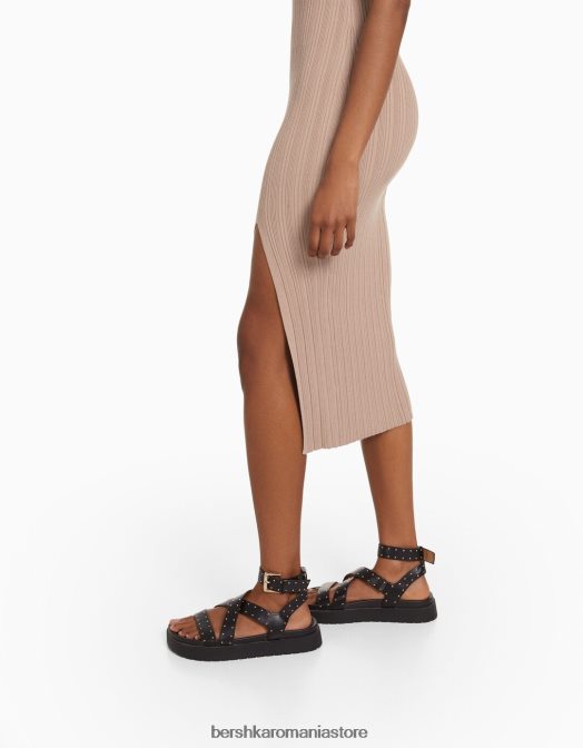 Bershka femei rochie midi din tricot fără mâneci nisip Z86D220 îmbrăcăminte