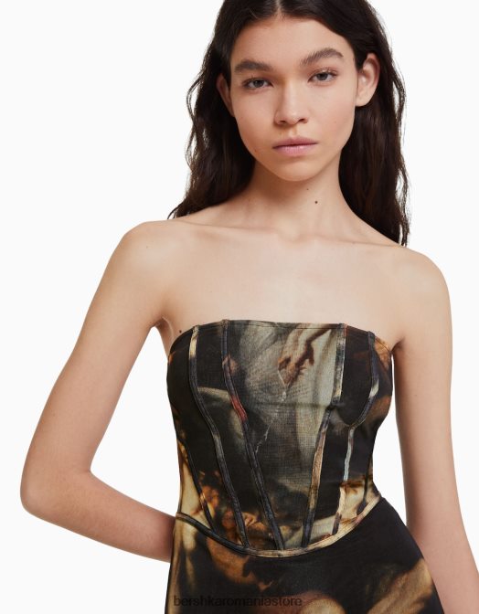 Bershka femei rochie midi din tul cu imprimeu serie art negru Z86D262 îmbrăcăminte