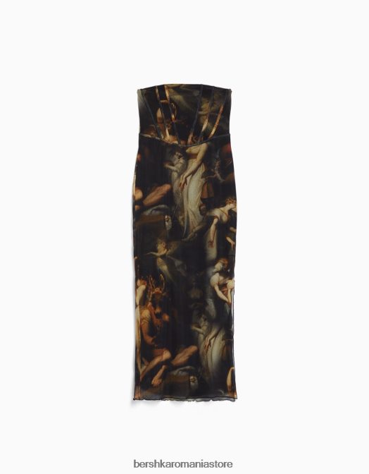 Bershka femei rochie midi din tul cu imprimeu serie art negru Z86D262 îmbrăcăminte