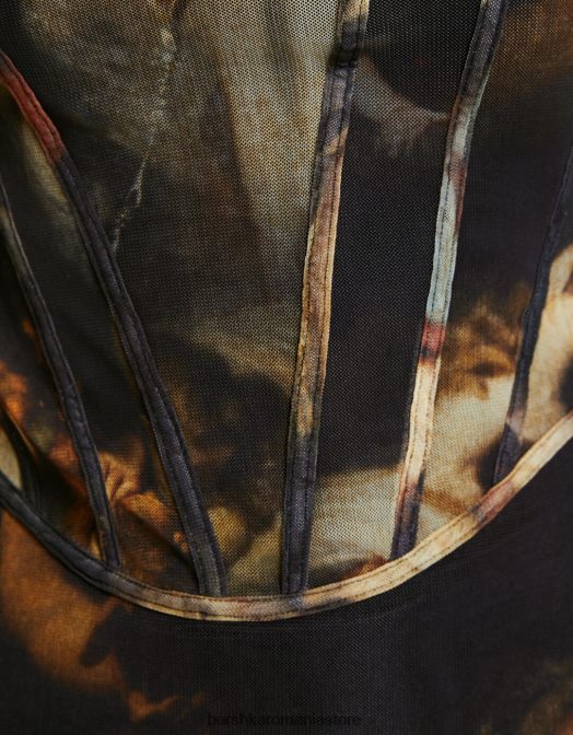 Bershka femei rochie midi din tul cu imprimeu serie art negru Z86D262 îmbrăcăminte