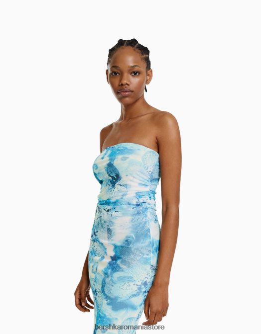 Bershka femei rochie midi din tul cu umeri scoși cu imprimeu albastru deschis Z86D210 îmbrăcăminte