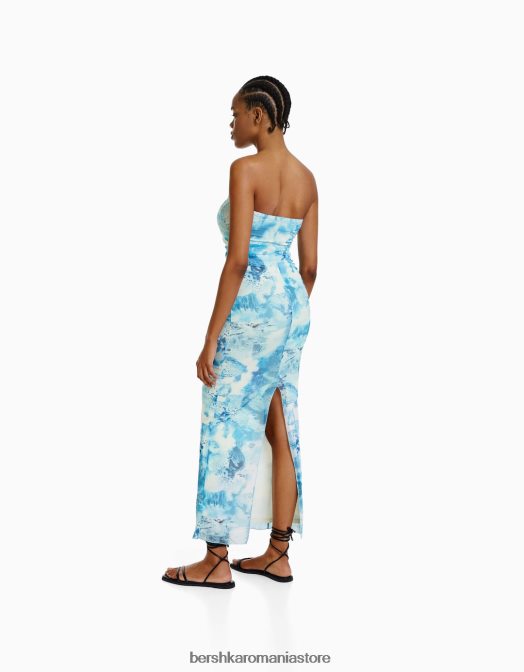 Bershka femei rochie midi din tul cu umeri scoși cu imprimeu albastru deschis Z86D210 îmbrăcăminte