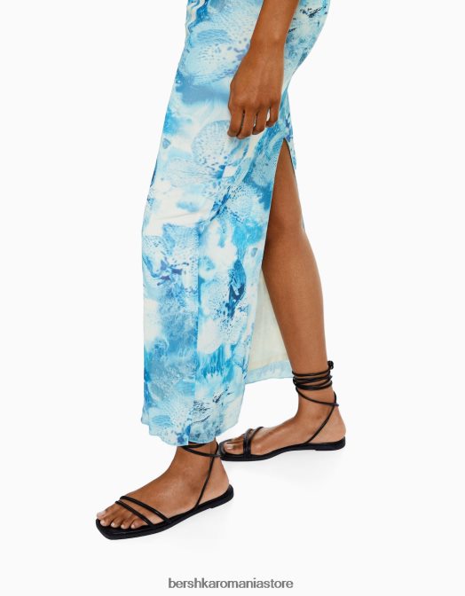 Bershka femei rochie midi din tul cu umeri scoși cu imprimeu albastru deschis Z86D210 îmbrăcăminte