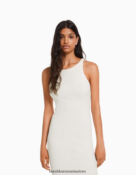 Bershka femei rochie midi fără mâneci cu nervuri cremă Z86D1 îmbrăcăminte