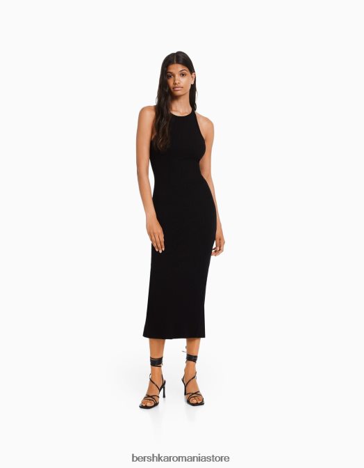 Bershka femei rochie midi fără mâneci cu nervuri negru Z86D5 îmbrăcăminte