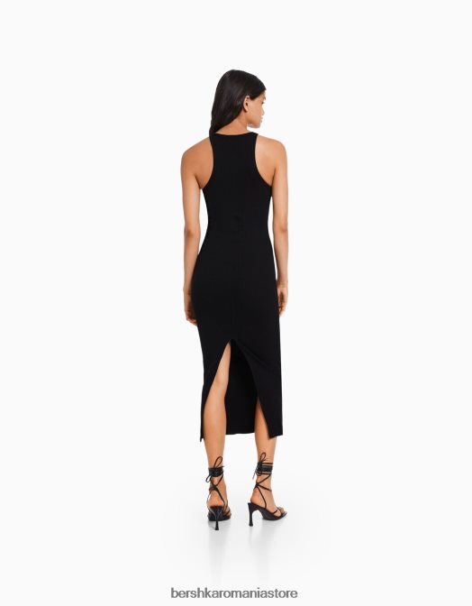 Bershka femei rochie midi fără mâneci cu nervuri negru Z86D5 îmbrăcăminte