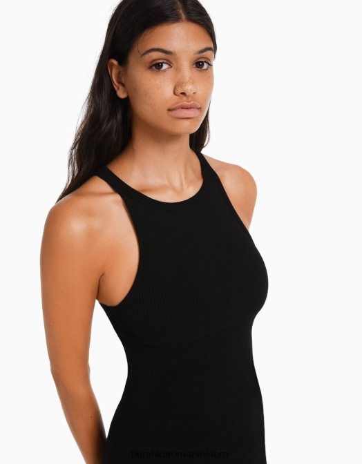 Bershka femei rochie midi fără mâneci cu nervuri negru Z86D5 îmbrăcăminte