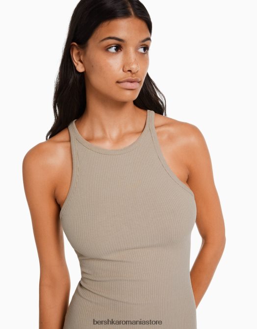 Bershka femei rochie midi fără mâneci cu nervuri nisip Z86D4 îmbrăcăminte
