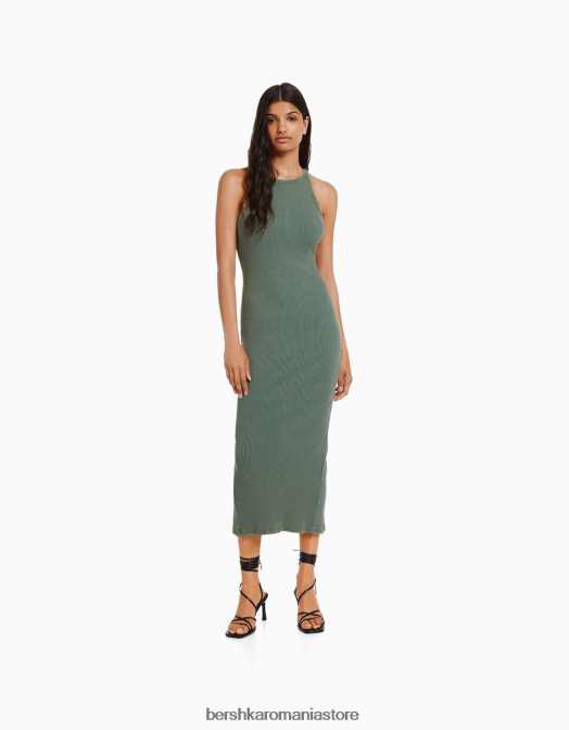 Bershka femei rochie midi fără mâneci cu nervuri verde Z86D6 îmbrăcăminte