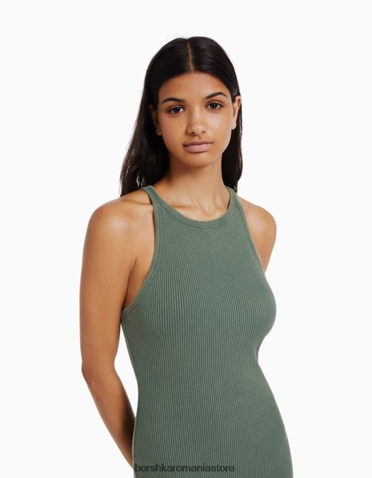 Bershka femei rochie midi fără mâneci cu nervuri verde Z86D6 îmbrăcăminte
