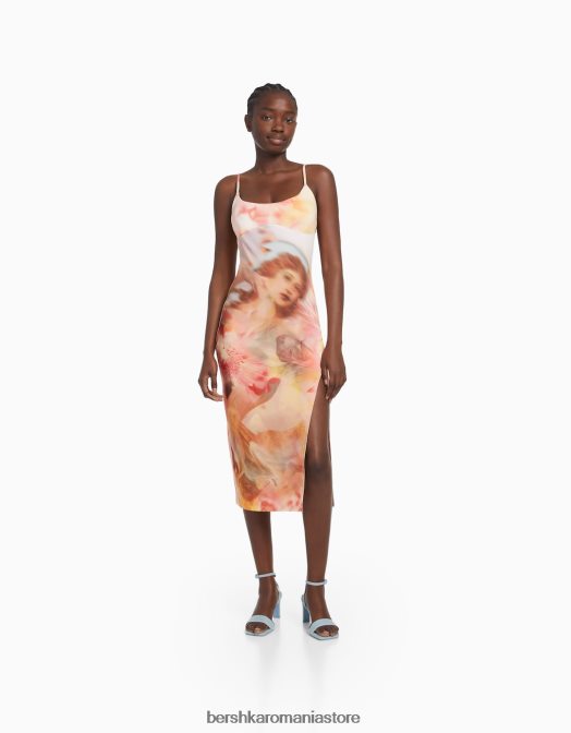 Bershka femei rochie midi mulată cu bretele coral Z86D36 îmbrăcăminte