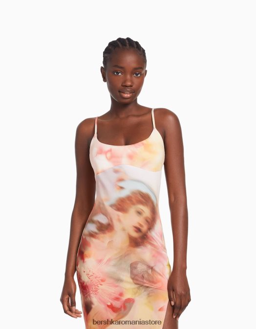 Bershka femei rochie midi mulată cu bretele coral Z86D36 îmbrăcăminte