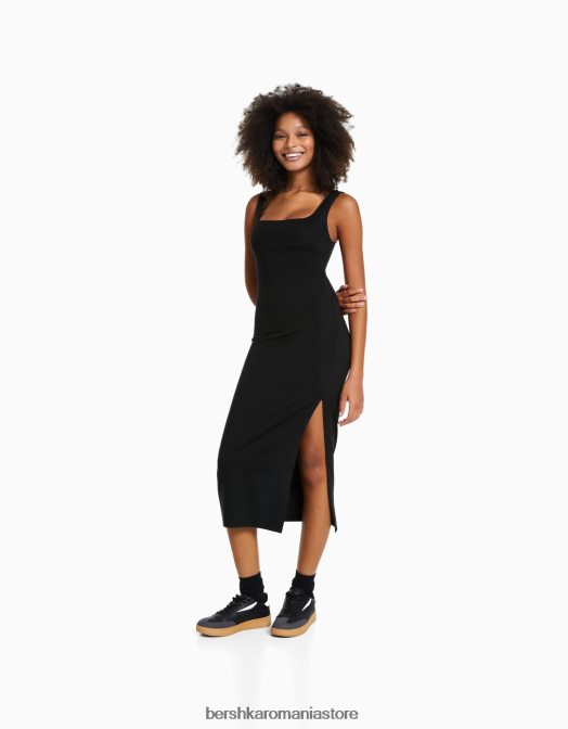 Bershka femei rochie midi mulată cu bretele negru Z86D149 îmbrăcăminte