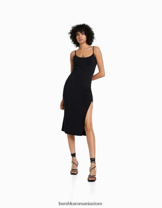 Bershka femei rochie midi mulată cu bretele negru Z86D63 îmbrăcăminte