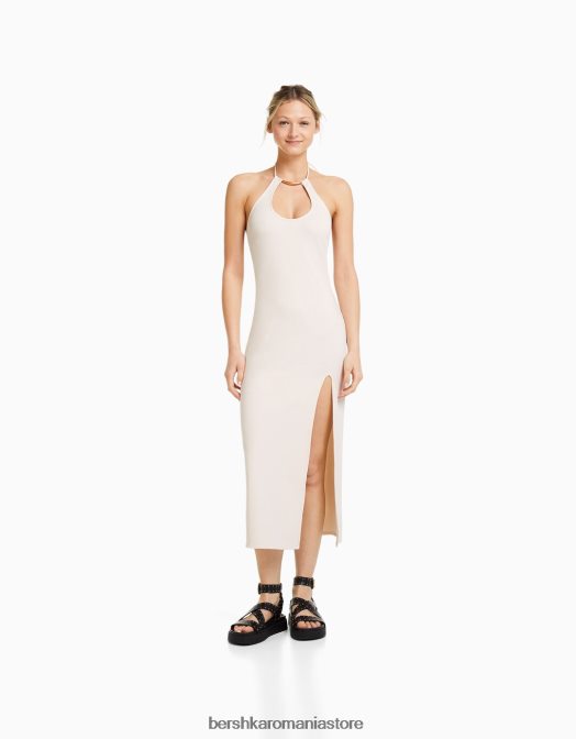 Bershka femei rochie midi mulată cu detaliu de guler aproape alb Z86D128 îmbrăcăminte