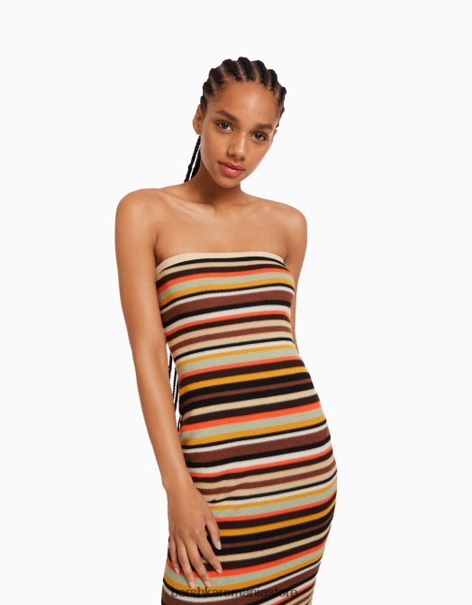 Bershka femei rochie midi tip bandeau cu dungi maro Z86D183 îmbrăcăminte