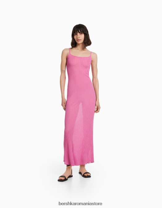 Bershka femei rochie midi transparentă din tricot cu nervuri cu bretele roz Z86D174 îmbrăcăminte