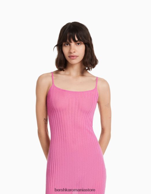 Bershka femei rochie midi transparentă din tricot cu nervuri cu bretele roz Z86D174 îmbrăcăminte