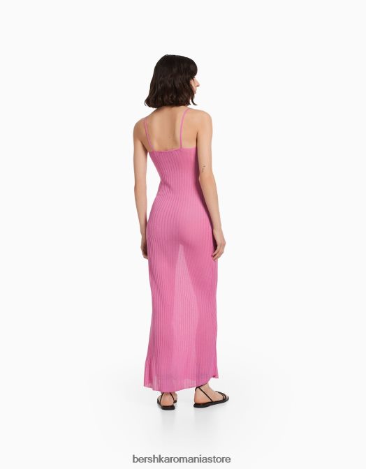 Bershka femei rochie midi transparentă din tricot cu nervuri cu bretele roz Z86D174 îmbrăcăminte