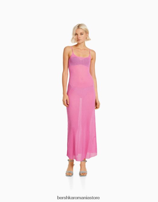 Bershka femei rochie midi transparentă din tricot cu nervuri cu bretele roz Z86D1903 îmbrăcăminte