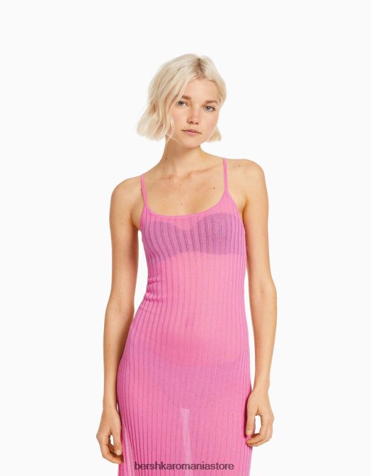 Bershka femei rochie midi transparentă din tricot cu nervuri cu bretele roz Z86D1903 îmbrăcăminte