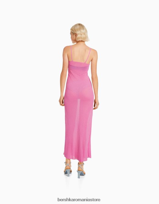 Bershka femei rochie midi transparentă din tricot cu nervuri cu bretele roz Z86D1903 îmbrăcăminte