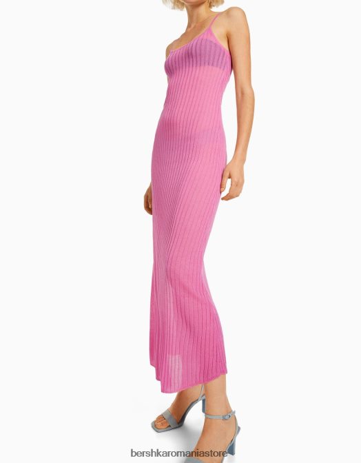 Bershka femei rochie midi transparentă din tricot cu nervuri cu bretele roz Z86D1903 îmbrăcăminte