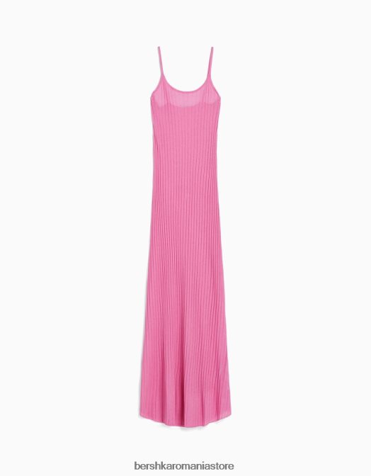 Bershka femei rochie midi transparentă din tricot cu nervuri cu bretele roz Z86D1903 îmbrăcăminte