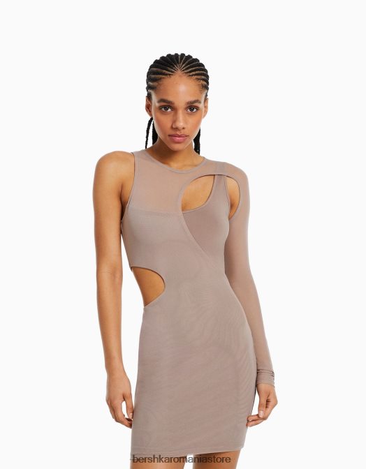 Bershka femei rochie mini asimetrică cu mânecă lungă din tul gri Z86D239 îmbrăcăminte