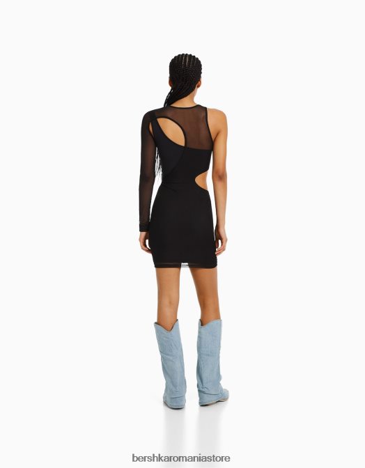 Bershka femei rochie mini asimetrică cu mânecă lungă din tul negru Z86D238 îmbrăcăminte
