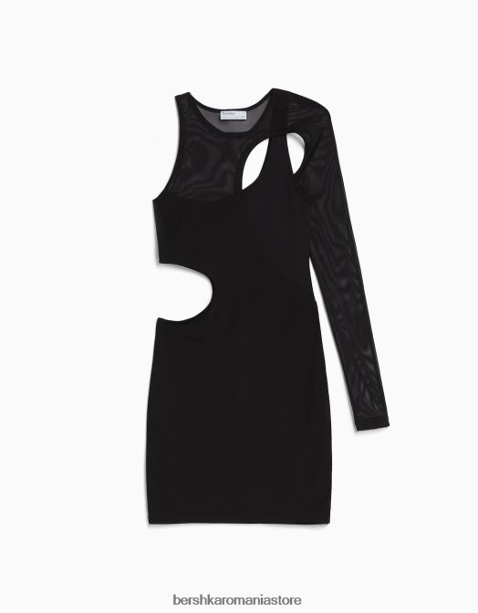 Bershka femei rochie mini asimetrică cu mânecă lungă din tul negru Z86D238 îmbrăcăminte