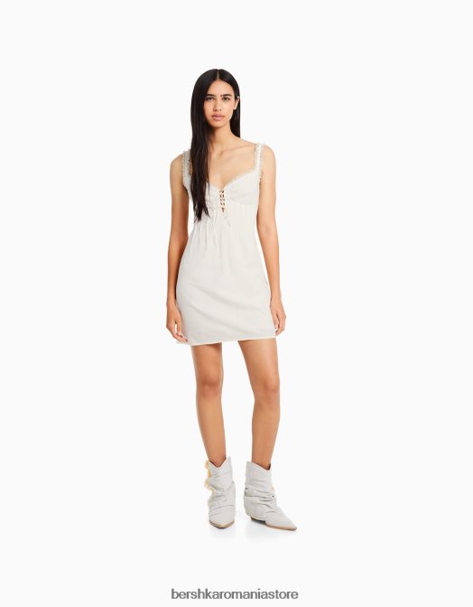 Bershka femei rochie mini corset rustic cu bretele cu detaliu cravata bej Z86D178 îmbrăcăminte