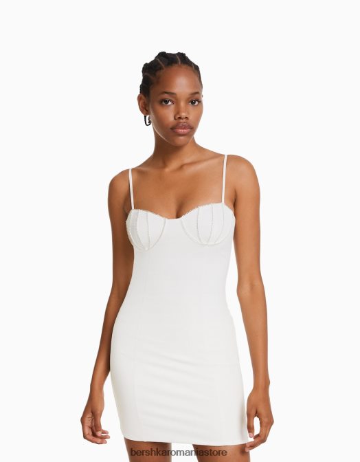 Bershka femei rochie mini cu bretele, cu aplecare și strasuri alb Z86D18 îmbrăcăminte